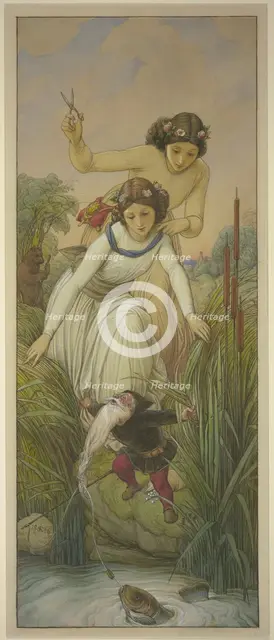 Snow White and Rose Red find the dwarf whose beard is tangled in the fishing line, 1866. Creator: Eduard von Steinle.