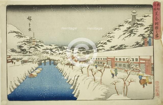 Snow at Akabane Bridge in Shiba (Shiba Akabane no yuki), from the series "Famous..., c. 1832/38. Creator: Ando Hiroshige.