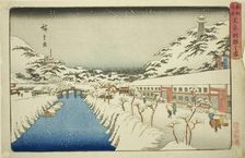 Snow at Akabane Bridge in Shiba (Shiba Akabane no yuki), from the series "Famous..., c. 1832/38. Creator: Ando Hiroshige