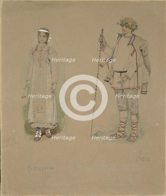 Snow Maiden and Lel. Costume design for the opera Snow Maiden by N. Rimsky-Korsakov, 1885. Artist: Vasnetsov, Viktor Mikhaylovich (1848-1926)