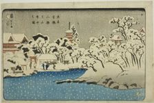 Snow on Benten Hill at Kinryuzan Temple in Asakusa (Asakusa Kinryuzan Bentenyama setchu..., 1853. Creator: Utagawa Kuniyoshi