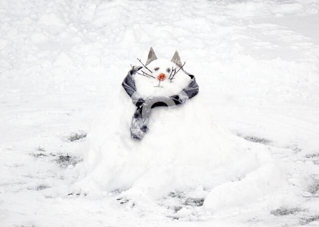 Snow scene with a 'snowcat' snowman, c2010. Artist: Peter Williams.