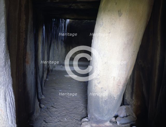 Soto dolmen, cave built in stone, view of the corridor with the chamber at the bottom.