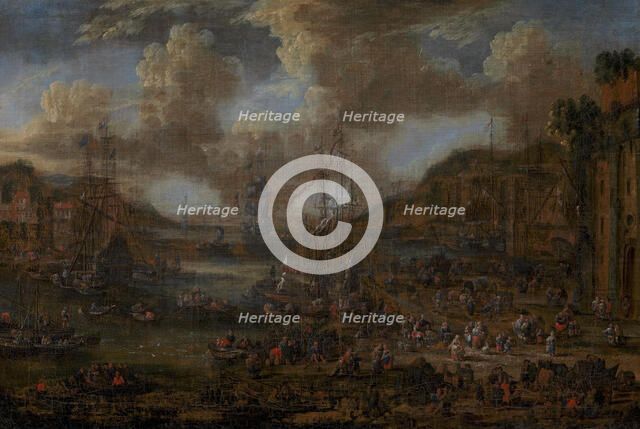 Sounthern Seaport with Numerous Figures on the Shore, 1607-1635. Creators: Pieter Casteels II, Jacques Callot.