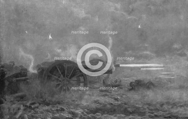'Sous le Choc; L'artillerie de campagne britannique couvrant la retraite, le 21 mars 1918..., 1918. Creator: J Simont.