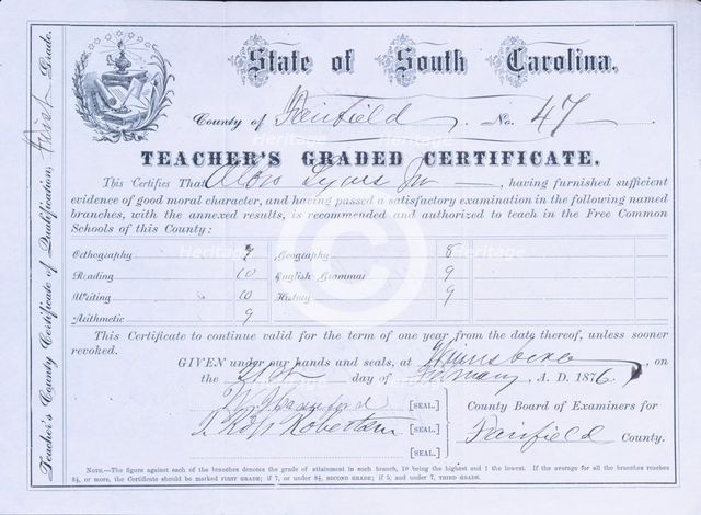 South Carolina Teacher's County Certificate of Qualification, First Grade, 1876.  Creator: Unknown.