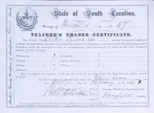 South Carolina Teacher's County Certificate of Qualification, First Grade, 1876. Creator: Unknown