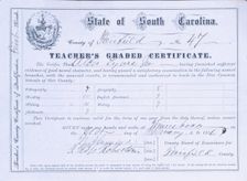 South Carolina Teacher's County Certificate of Qualification, First Grade, 1876. Creator: Unknown
