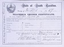 South Carolina Teacher's County Certificate of Qualification, First Grade, 1876. Creator: Unknown