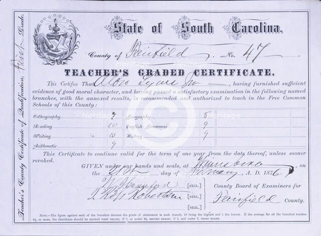 South Carolina Teacher's County Certificate of Qualification, First Grade, 1876.  Creator: Unknown.