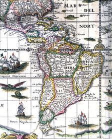 South America, colored engraving from the book Le Theatre du monde or Nouvel Atlas 1645, cre…