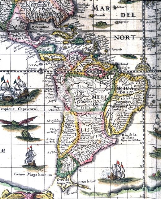 South America, colored engraving from the book 'Le Theatre du monde' or 'Nouvel Atlas', 1645, cre…