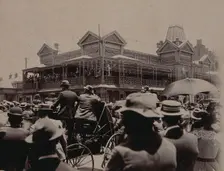 South Africa: a large crowd of people gathered outside a building in Johannesburg, 1896. Creator: Unknown