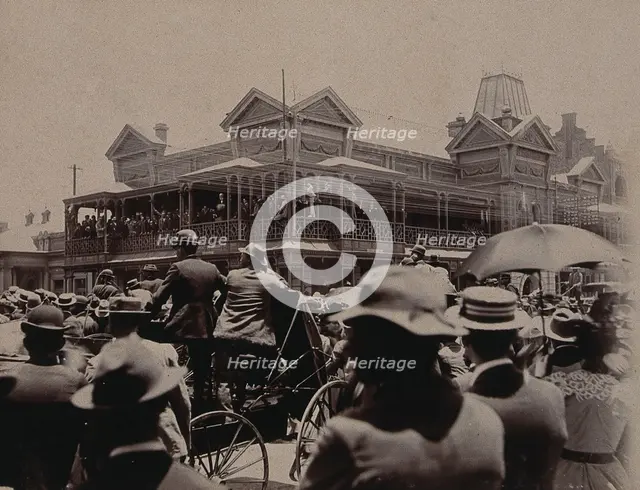 South Africa: a large crowd of people gathered outside a building in Johannesburg, 1896. Creator: Unknown.