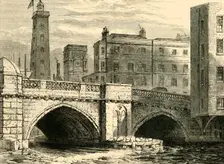 South End of Old London Bridge, with Shot Tower and St. Olave's Church, in 1820 (c1878). Creator: Unknown