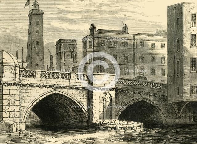 'South End of Old London Bridge, with Shot Tower and St. Olave's Church, in 1820', (c1878). Creator: Unknown.
