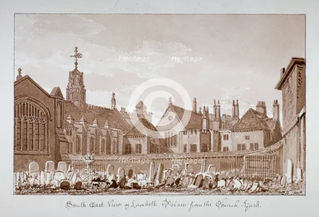 South-east view of Lambeth Palace from the churchyard, London, 1828. Artist: John Chessell Buckler