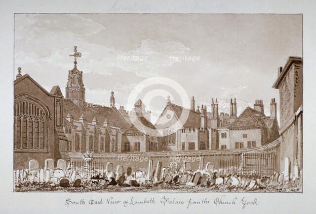 South-east view of Lambeth Palace from the churchyard, London, 1828. Artist: John Chessell Buckler
