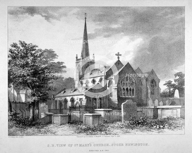 South-east view of St Mary's Church, Stoke Newington, London, 1842.         Artist: JR Jobbins