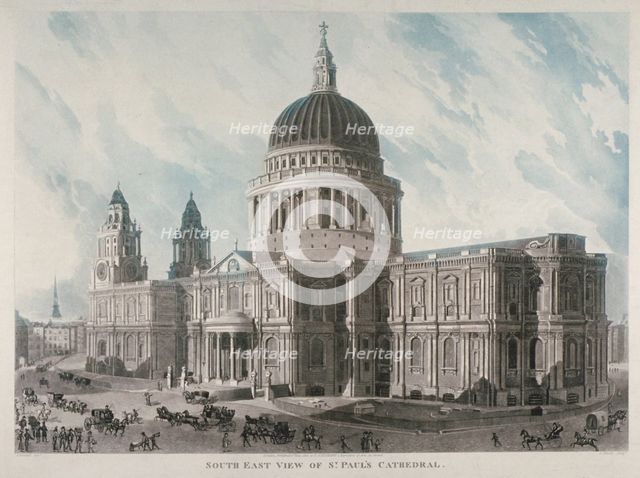 South-east view of St Paul's Cathedral with figures and carriages outside, City of London, 1818. Artist: Daniel Havell