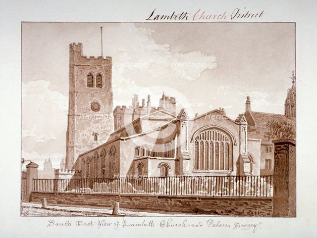South-east view of the Church of St Mary, Lambeth, London, 1828.                                     Artist: John Chessell Buckler