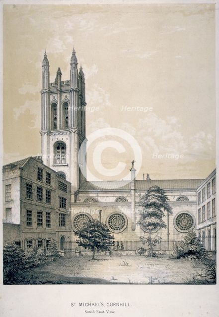 South-east view of the Church of St Michael, Cornhill, City of London, 1840. Artist: EJ Dickinson