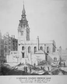South-east view of the Church of St Michael, Crooked Lane, City of London, 1831. Artist: Anon