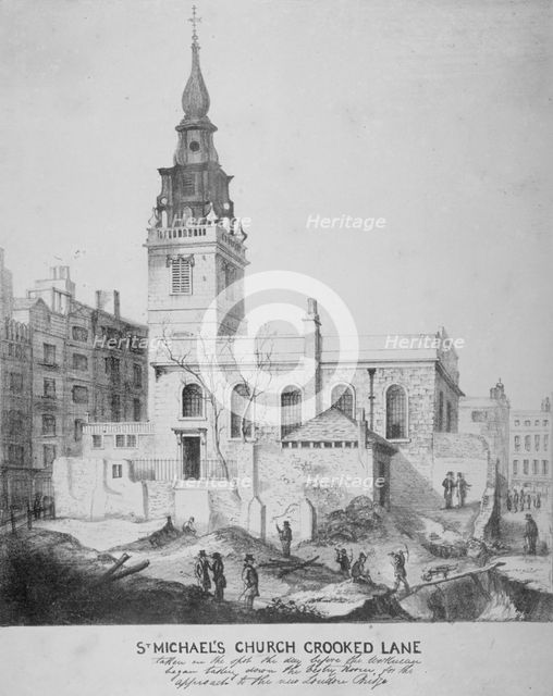 South-east view of the Church of St Michael, Crooked Lane, City of London, 1831. Artist: Anon