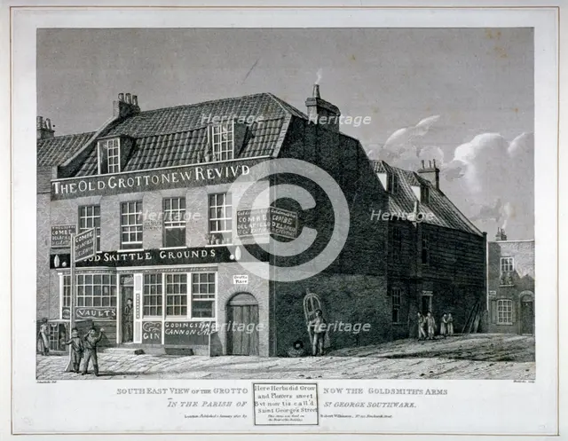 South-east view of the Grotto Inn, St George's Street, Southwark, London, 1825. Artist: Maddox