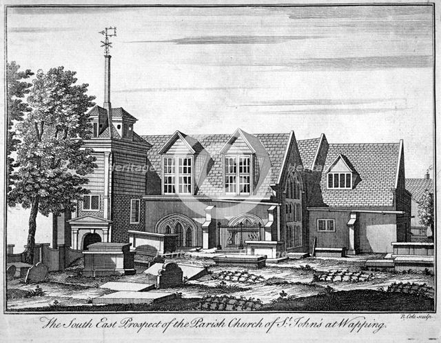 South-east prospect of the parish church of St John-at-Wapping, London, c1750. Artist: Benjamin Cole