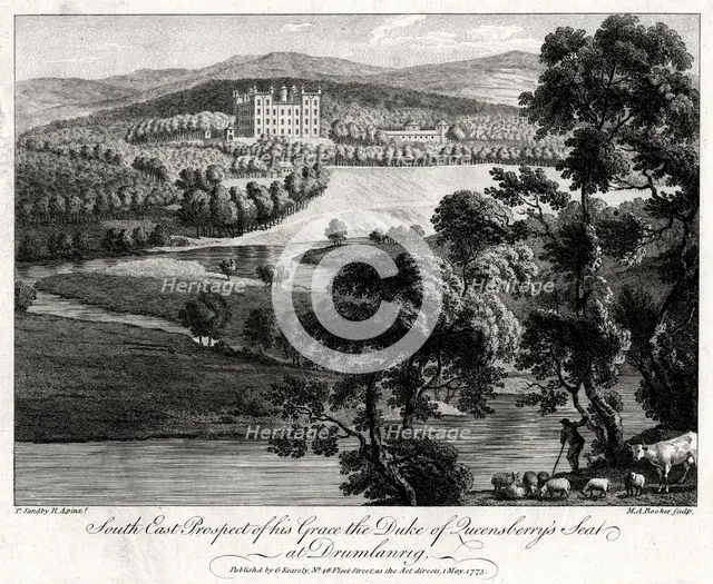 'South East Prospect of his Grace the Duke of Queensberry's seat at Drumlanrig', Scotland, 1775. Artist: Michael Angelo Rooker