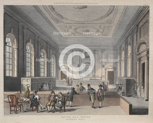 South Sea House, Dividend Hall, 1810. Creator: Thomas Rowlandson (British, 1756-1827); Augustus Charles Pugin (British, 1762-1832), and.