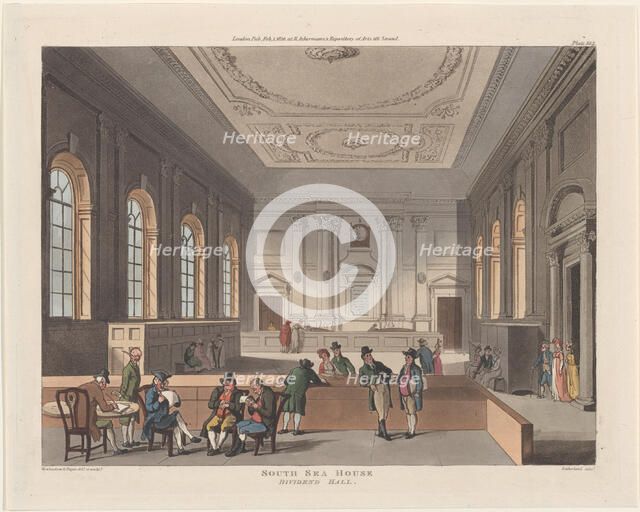 South Sea House, Dividend Hall, February 1, 1810., February 1, 1810. Creator: Thomas Sutherland.