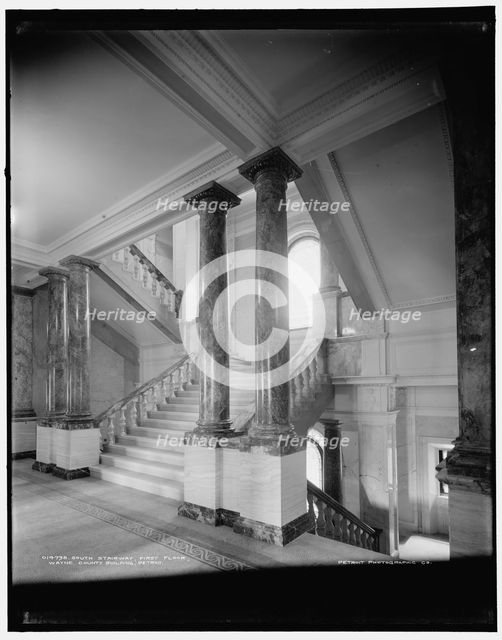 South stairway, first floor, Wayne County Building, Detroit, (1902?). Creator: Unknown.