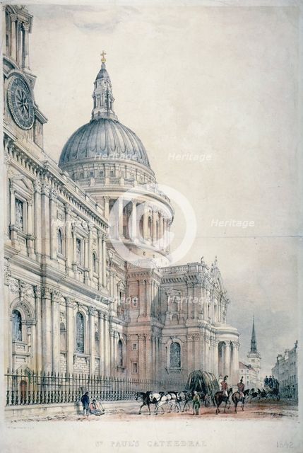 South-west view of St Paul's Cathedral from St Paul's Churchyard, City of London, 1842. Artist: Charles Walter Radclyffe