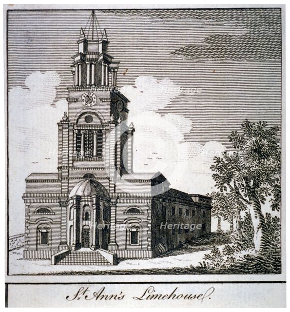 South-west view of the Church of St Anne, Limehouse, London, c1750. Artist: Anon