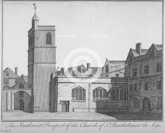 South-west view of the Church of St Bartholomew-the-Less, City of London, 1750. Artist: Benjamin Cole