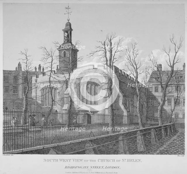 South-west view of the Church of St Helen, Bishopsgate, City of London, 1817. Artist: William Wise