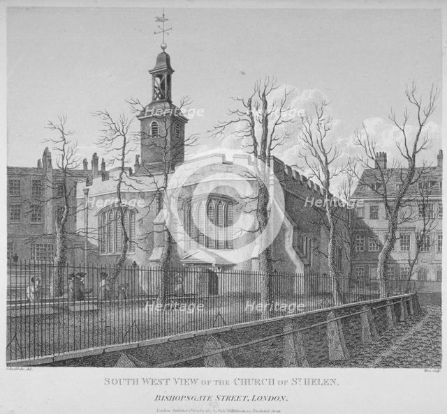 South-west view of the Church of St Helen, Bishopsgate, City of London, 1817. Artist: William Wise