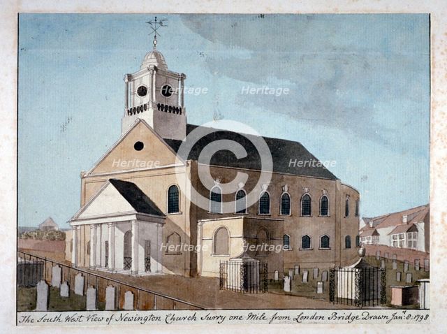 South-west view of the Church of St Mary Newington, Newington Butts, Southwark, London, 1798. Artist: Anon