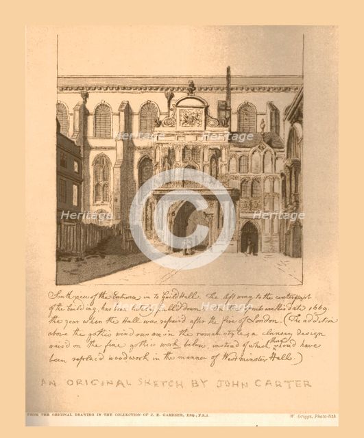 South View of the entrance into the Guildhall, c1669, (1886).  Artist: Unknown.