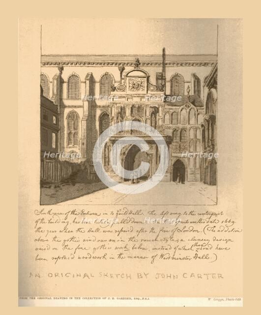 South View of the entrance into the Guildhall, c1669, (1886).  Artist: Unknown.