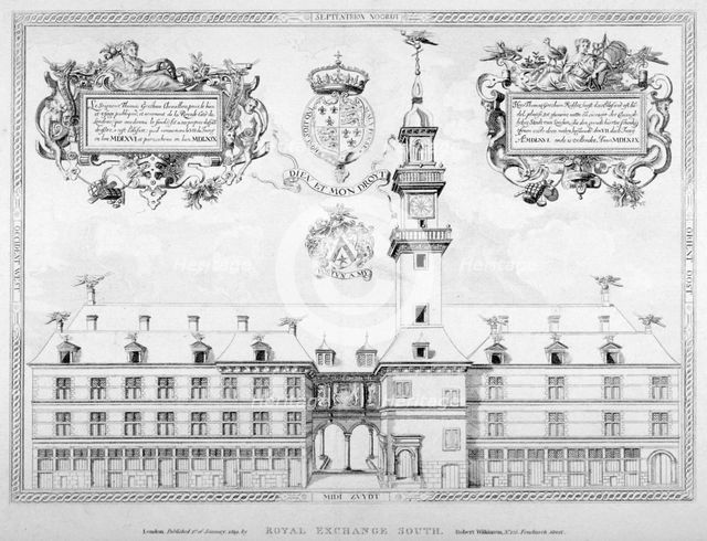 South view of the first Royal Exchange with coats of arms above, City of London, 1819.               Artist: Anon