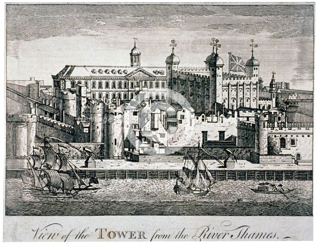 South view of the Tower of London with boats on the River Thames, 1776. Artist: Anon