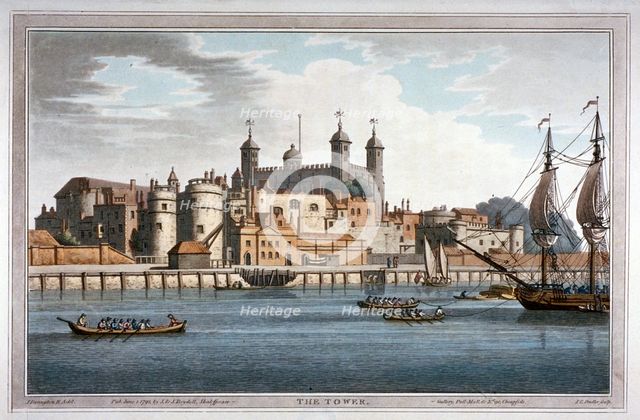 South view of the Tower of London with boats on the River Thames, 1795. Artist: Joseph Constantine Stadler