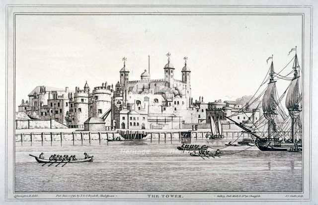 South view of the Tower of London with boats on the River Thames, 1795. Artist: Joseph Constantine Stadler