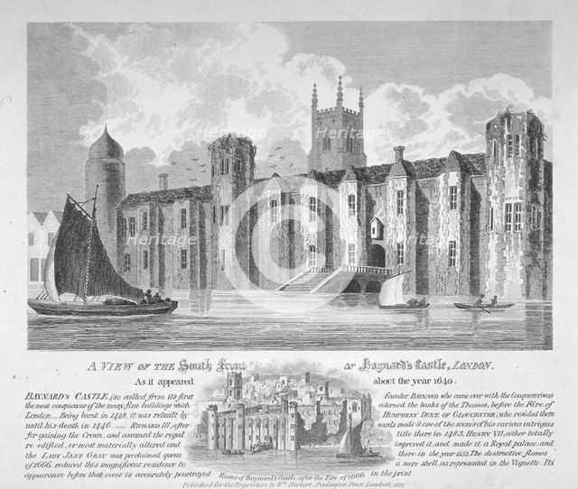 South view of Baynard's Castle with boats on the River Thames, City of London, 1817. Artist: Anon