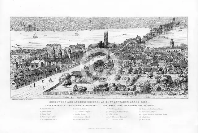 'Southwark and London Bridge as they appeared about 1546', c1860.Artist: N Whittock