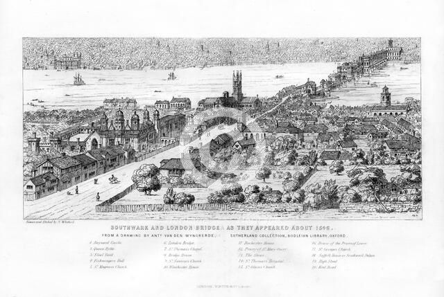 'Southwark and London Bridge as they appeared about 1546', c1860.Artist: N Whittock
