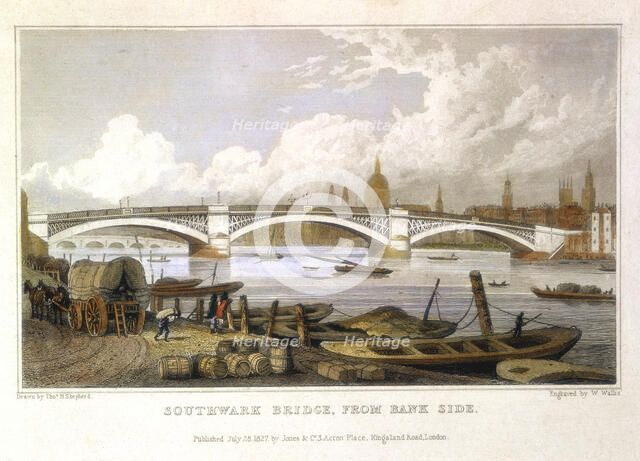 'Southwark Bridge from Bank Side', London, 1817. Artist: Thomas Hosmer Shepherd